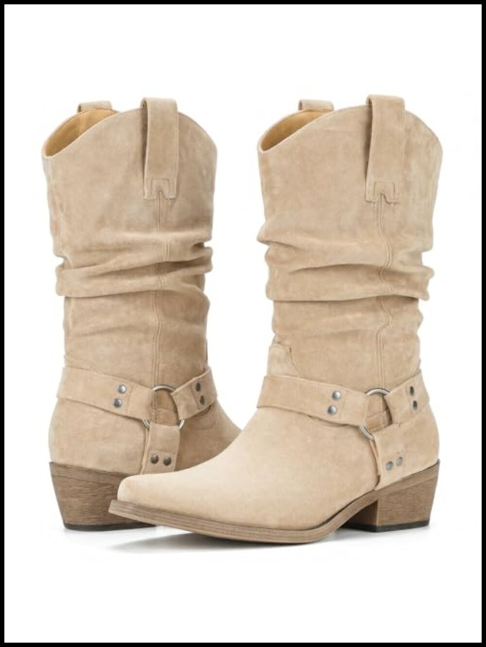 Women's Mid-Calf Slouchy Cowgirl Boots - Faux Suede Western Harness